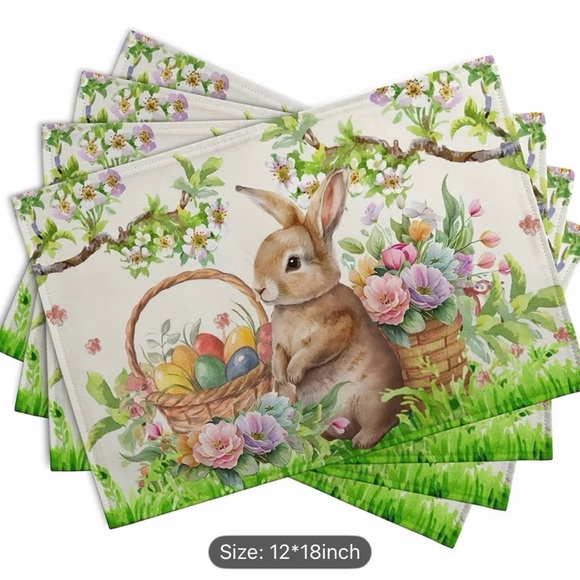 4pcs Easter Rabbit Placemats  Egg Bunny Flowers Floral 12x18 Farmhouse Fabric - Picture 3 of 4